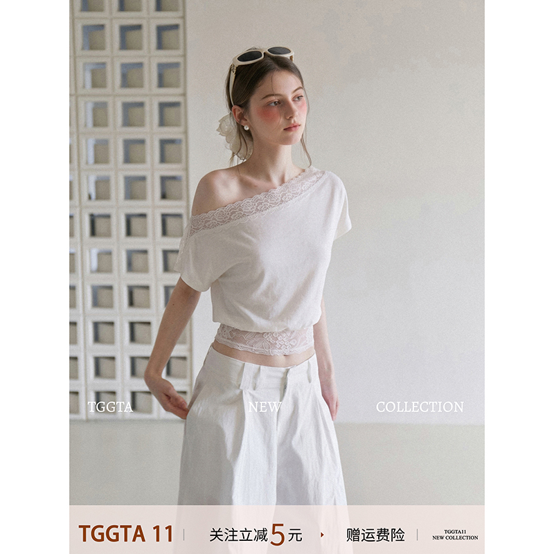 Tggta White Lace Off-Shoulder Short-Sleeve T-Shirt for Women, Summer Design, Niche Slim-Fit Short Top with Waist-Cinching and Exposed Shoulders Tggta White Lace Off-Shoulder Short-Sleeve T-Shirt for Women, Summer Design, Niche Slim-Fit Short Top with Waist-Cinching and Exposed Shoulders