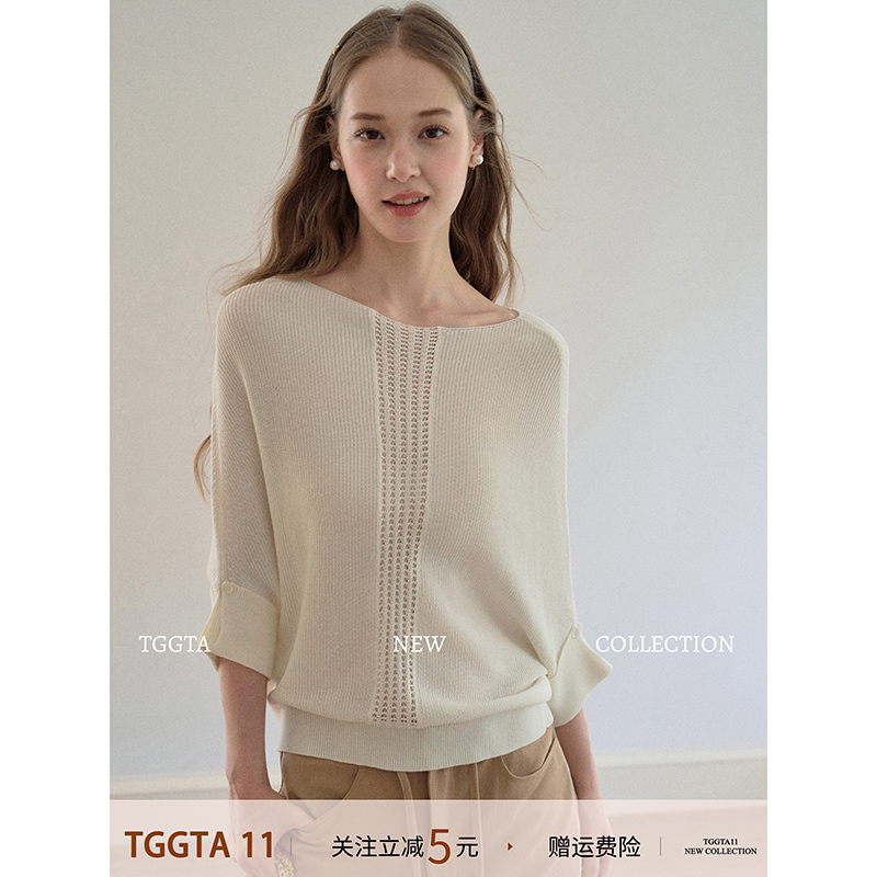 Tggta White Hollow-Out Long-Sleeve Knit Sweater for Women, Autumn and Winter Sweater, Inner Layer, Base Shirt, Cover-Up, Batwing Sleeve Top