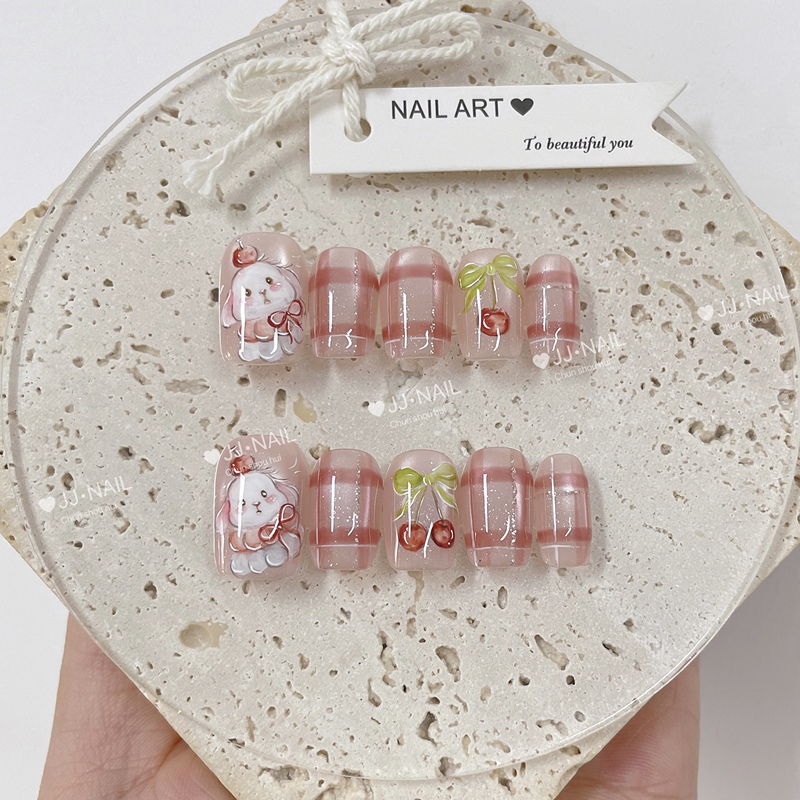 【Red Cherry Rabbit】Cartoon Rabbit Cherry Wearable Nail Art Short Style Hand-Painted Nail Stickers High-End Niche Nails