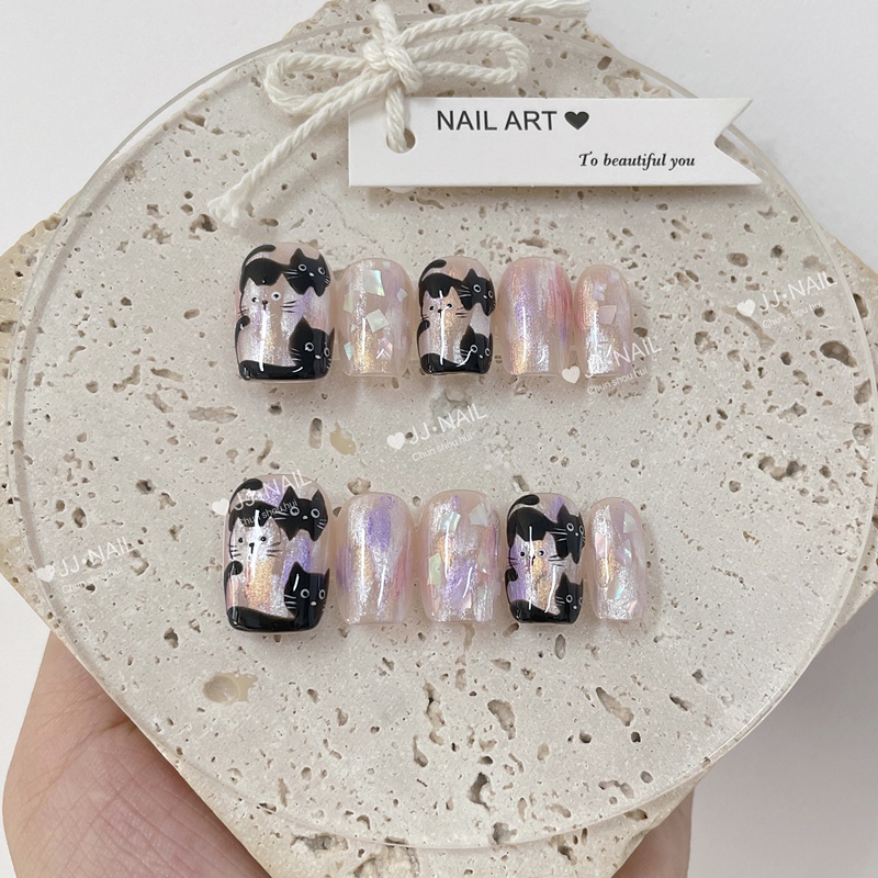 【Pink Neon Cat Language】Wearable Nails Cartoon Cat Wearable Nails Pink Black Gradient Square Nail Stickers 【Pink Neon Cat Language】Wearable Nails Cartoon Cat Wearable Nails Pink Black Gradient Square Nail Stickers