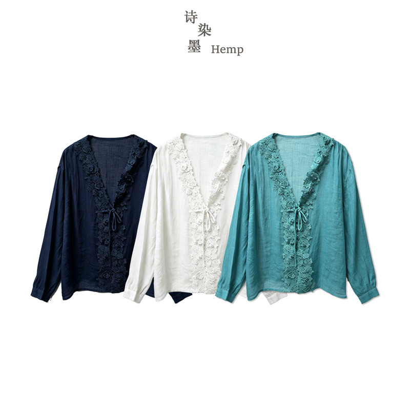 【High Quality】5642 V-Neck Lace-Up Placket Lace Heavy Embroidery Ramie Sun Protection Shirt 【High Quality】5642 V-Neck Lace-Up Placket Lace Heavy Embroidery Ramie Sun Protection Shirt