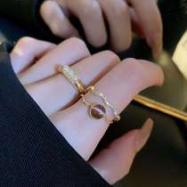 Real gold electroplated zircon cats eye double-layer open ring Hong Kong style retro elegant temperament index finger ring jewelry