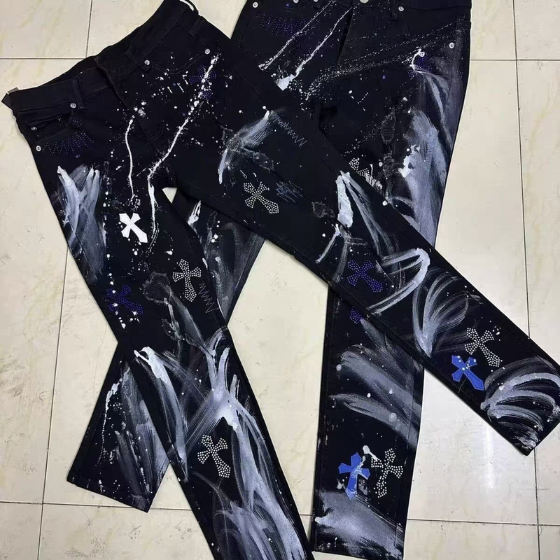 European and American High Street Splatter Denim Jeans for Men, New Trendy Brand Slim Fit Versatile Casual Pants, Internet Celebrity Style Elastic Skinny Pants