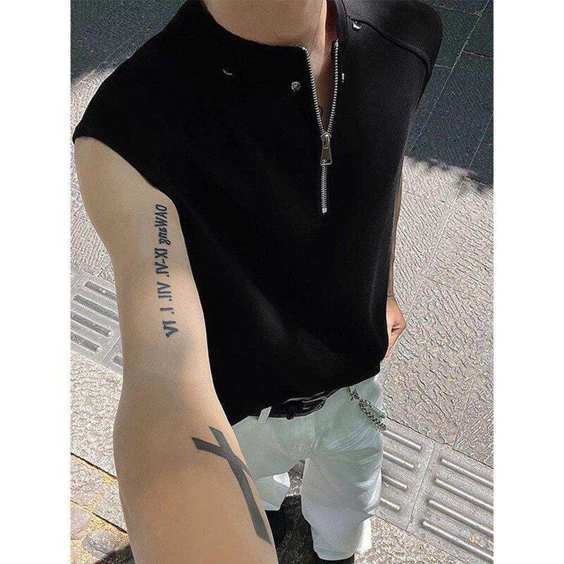 American-Style Half-Zip Vest for Men, Summer Outerwear, Trendy and Cool, Heavyweight Sleeveless T-Shirt, Sports Casual Top