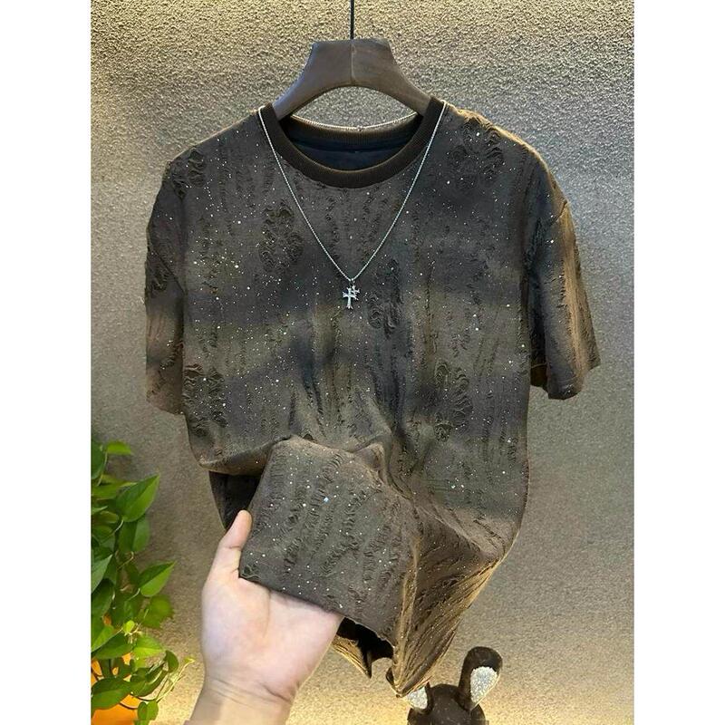 Summer New Luxury High-End Men's Short-Sleeve Trendy Korean-Style Sequin Gradient Ripped Round-Neck Top