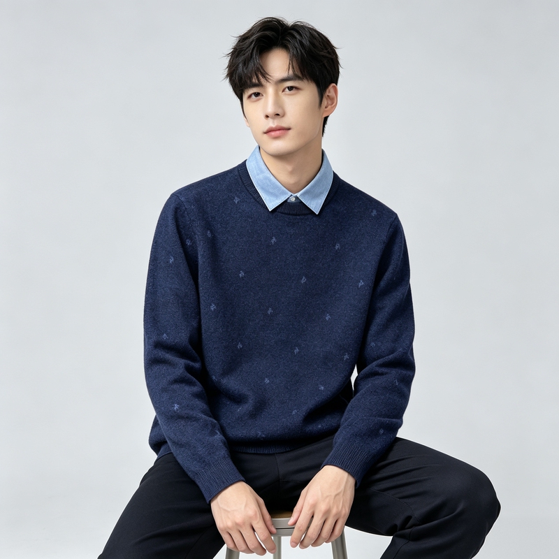 【H Brand】Cut Label Autumn Men's Faux Two-Piece Knit Sweater with Shirt Collar, Jacquard Business Embroidery Long-Sleeve Sweater