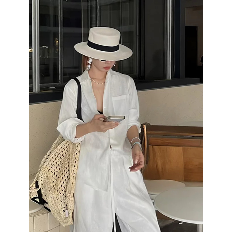 White High-End Pure Linen Shirt for Women, Summer Thin Style, 2026 New Model, Old Money Style, Loose Casual Long-Sleeve Sun Protection Top