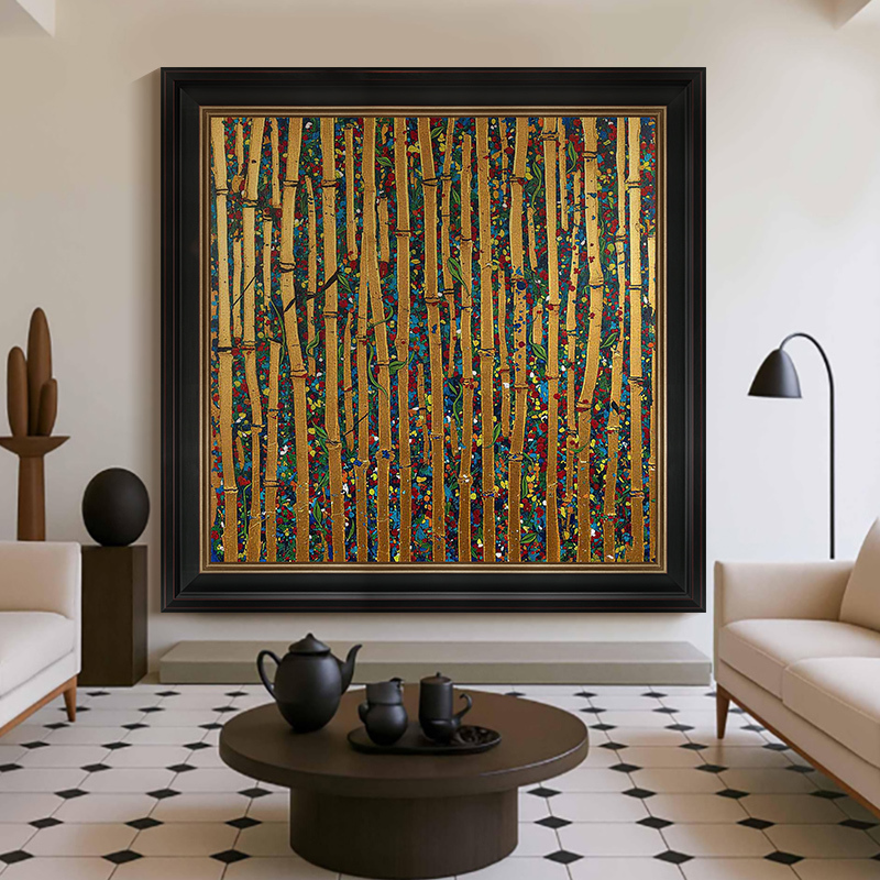 Hand-Painted Oil Painting of Rich Golden Bamboo, Antique-Style Living Room Decorative Painting, American Light Luxury Entrance Hall Hanging Painting, High-End Wall Painting Hand-Painted Oil Painting of Rich Golden Bamboo, Antique-Style Living Room Decorative Painting, American Light Luxury Entrance Hall Hanging Painting, High-End Wall Painting