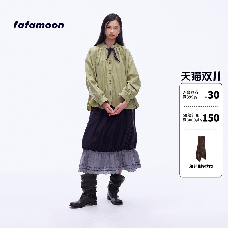 【2026 Autumn/Winter New Arrivals】Fafamoon Designer Brand Detachable Scarf Round Hem Cotton Shirt