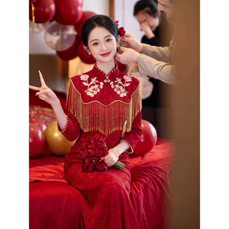 Burgundy Bridal Toast Dress 2026 New Chinese-Style Fishtail Cheongsam Engagement Dress Shawl Set Autumn and Winter Long Sleeves Burgundy Bridal Toast Dress 2026 New Chinese-Style Fishtail Cheongsam Engagement Dress Shawl Set Autumn and Winter Long Sleeves