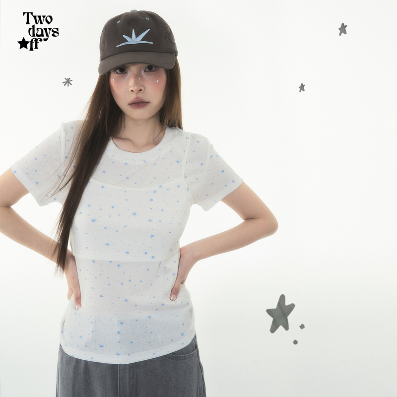 Twodaysoff Korean Style Sweet and Cool Star Print Y2K Skin-Friendly Short-Sleeved Top T-Shirt Women's Two-Piece Set Summer Twodaysoff Korean Style Sweet and Cool Star Print Y2K Skin-Friendly Short-Sleeved Top T-Shirt Women's Two-Piece Set Summer