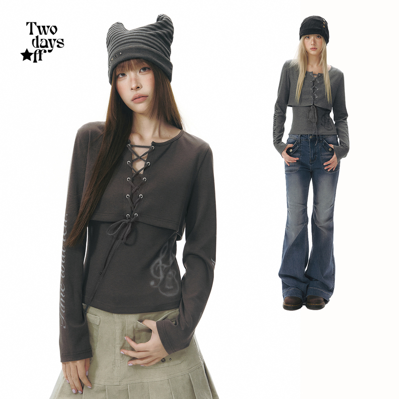 Twodaysoff Korean Style Girl's Lace-Up Printed Knit Top Autumn Niche Design Top Two-Piece Set Twodaysoff Korean Style Girl's Lace-Up Printed Knit Top Autumn Niche Design Top Two-Piece Set