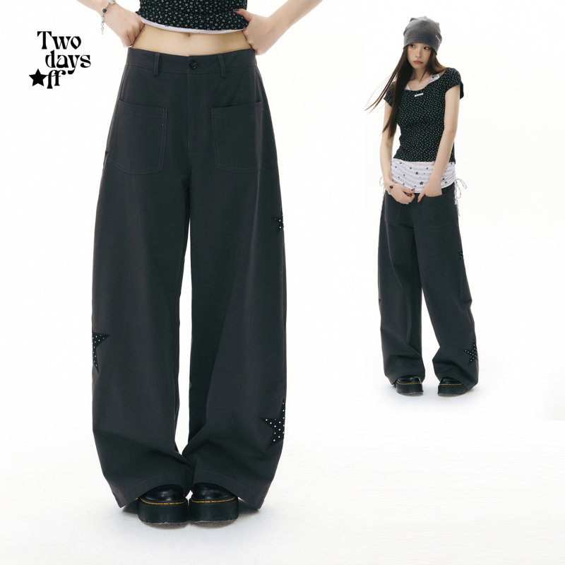 Twodaysoff Double Weekend Korean Style Star Patchwork Cargo Pants for Women, Summer Sweet Cool High-Waisted Drapey Floor-Length Wide-Leg Pants