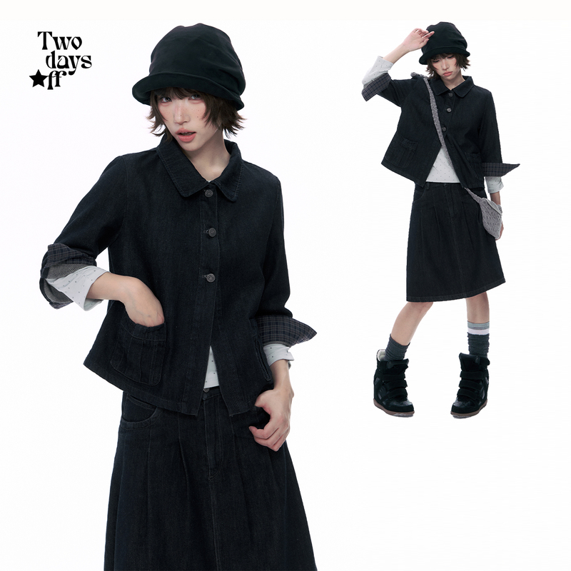Twodaysoff Double Weekend Korean Style Retro Lapel Denim Jacket Women's Early Autumn New Casual Jacket Suit Twodaysoff Double Weekend Korean Style Retro Lapel Denim Jacket Women's Early Autumn New Casual Jacket Suit