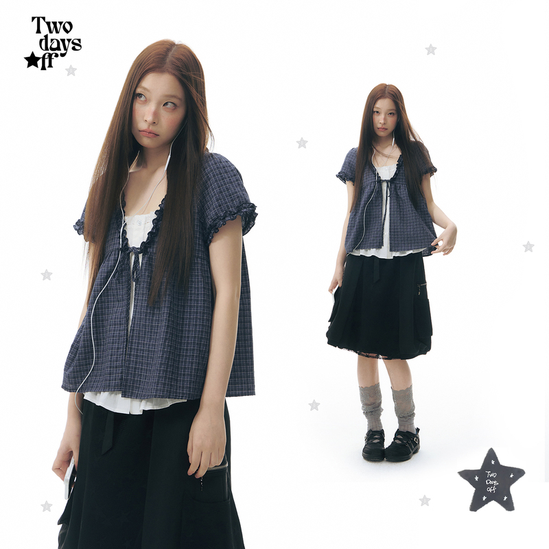 Twodaysoff Korean Style Millennium Style Fake Two-Piece Contrasting Plaid Shirt Loose Thin Short-Sleeved Women's Top