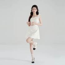 Ruffled apricot jacquard sleeveless dress for women summer 2024 new style petite sweet waist a-line skirt