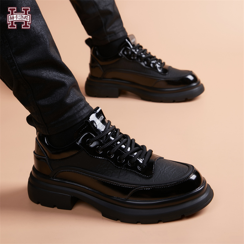Hecalocy, a British Light Luxury Brand, Casual Leather Shoes, All Black, Sports Height-Increasing Thick-Soled Trendy Soft Shoes
