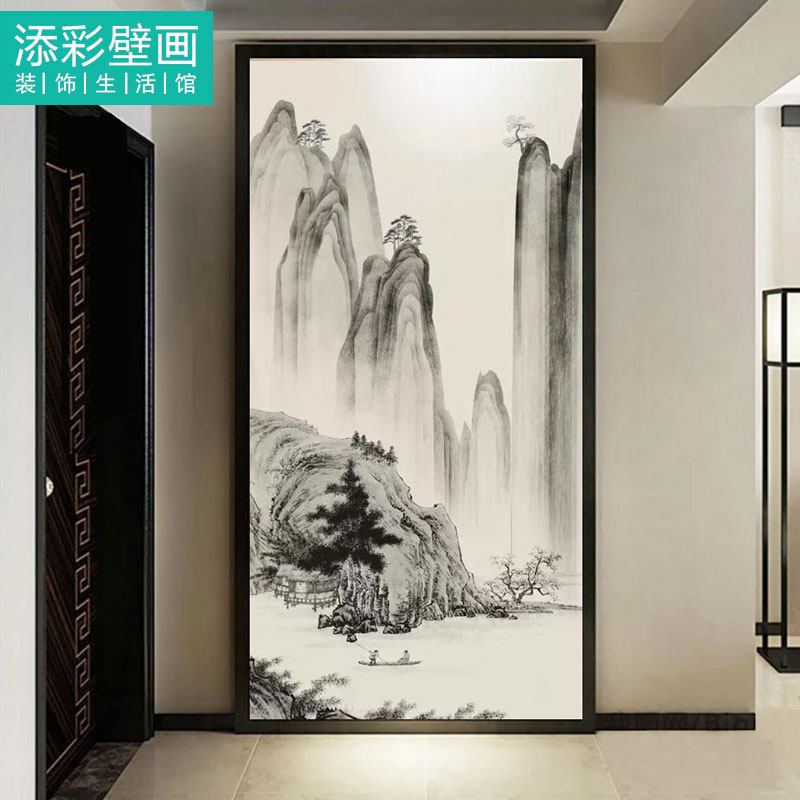 Hotel background wallpaper Zen ancient style black and white landscape wall cloth mural custom entrance wallpaper painting into the door wall vertical version