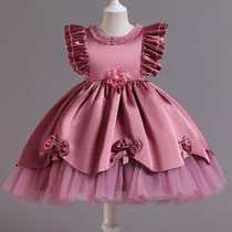 Amazons new girls dress satin bow fluffy mesh princess dress cross-border supply in stock