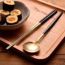 JiaDianLe 304 stainless steel chopsticks black gold plated chopsticks spoon set Korean square non-slip stainless steel chopsticks