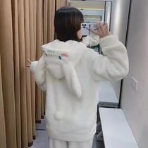 Fleece Two Piece Set Pajama Ear Hooded Coat TopElastic Wais