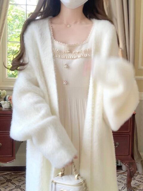 White mink velvet mid-length sweater knitted cardigan for women autumn and winter loose lazy style over the knee coat coat versatile
