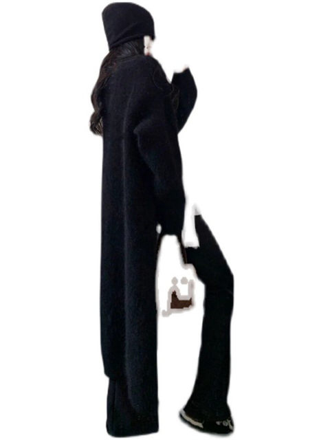 Black mink velvet sweater knitted cardigan for women autumn and winter Korean mid-length loose lazy high-end coat coat