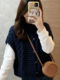 High-End Navy Blue Knitted Vest with Small Flying Sleeves for Women, Autumn and Winter Lazy Style, Cable Knit, Layered Sleeveless Sweater Outerwear