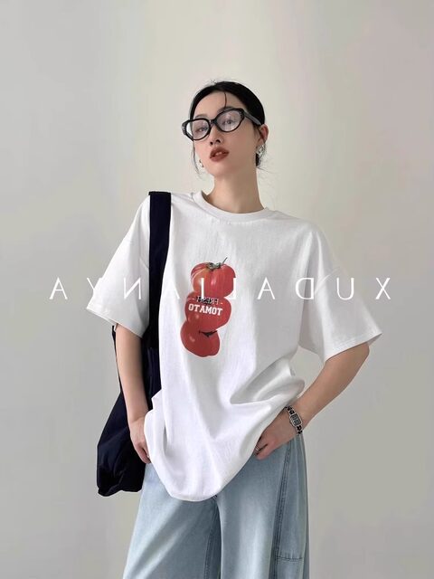 American black tomato print short-sleeved T-shirt for women summer 2026 new large version loose lazy style half-sleeved top