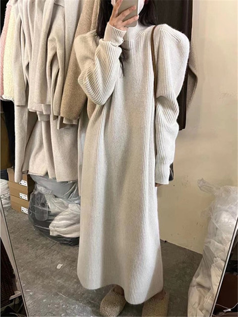 European half turtleneck raccoon velvet knitted dress for women in winter thickened long style with coat bottoming sweater skirt