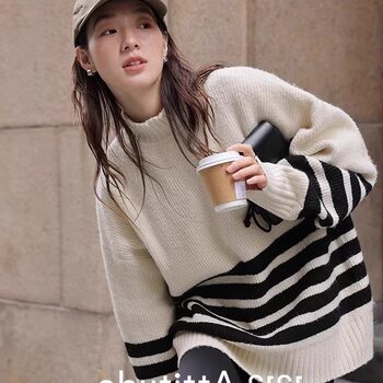 Lazy Style, High-End Feel, Half-High Collar, Mid-Length Striped Soft Sweater for Women, Autumn and Winter, Covers the Buttocks, Knitted Top