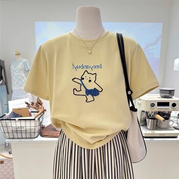 Thirteen Rows Korean-Style Yellow Cartoon Cat Embroidered Short-Sleeve T-Shirt for Women, Summer Age-Reducing Base Shirt, Loose Top