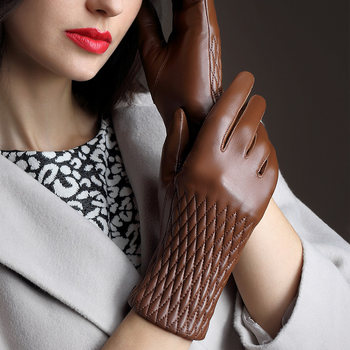 Genuine leather gloves women's autumn and winter warm plus velvet thickened riding goatskin touch screen thin section driving long section hand repair