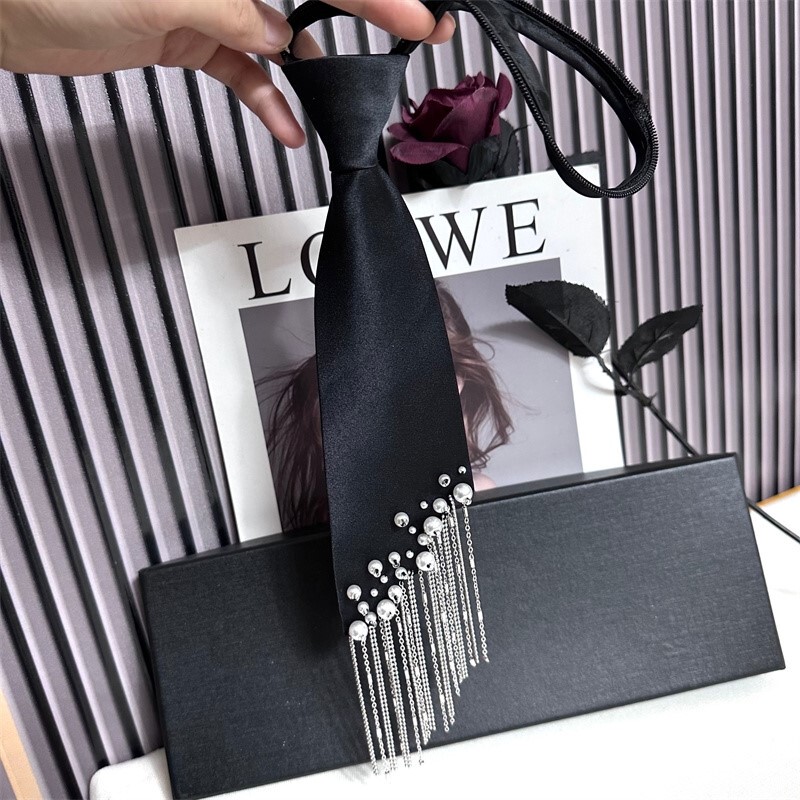 2024 New Design Heavy-Duty Tassel Tie for Women, Korean Style Pearl Lazy Tie, No Need to Tie, Matching with Shirts, Black Tie, Trendy
