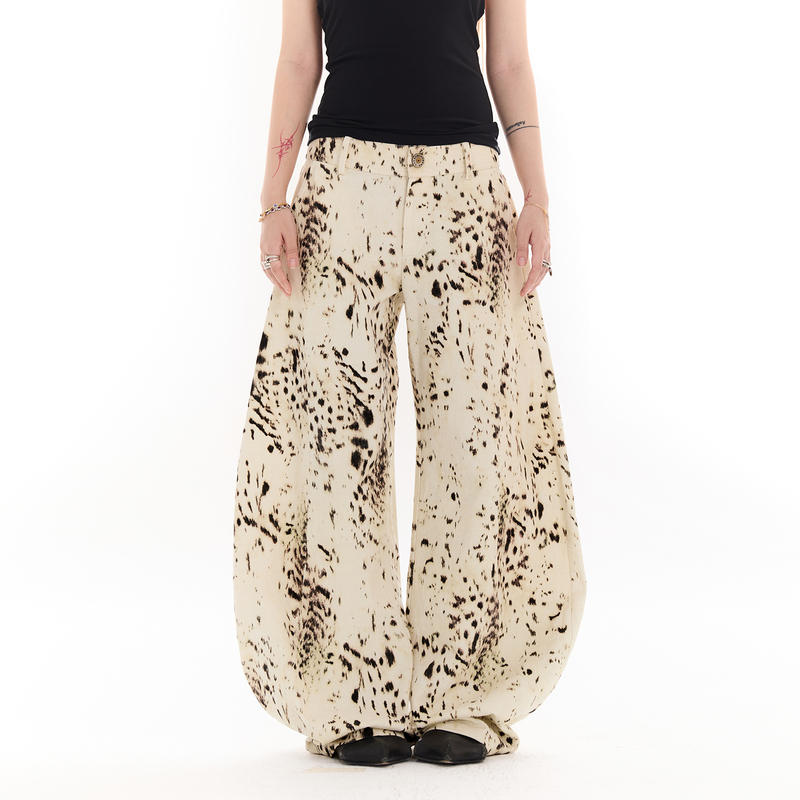 Asymwe Cow Print Leopard Print Design Long Pants Low-Waist Scimitar Wide-Leg Jeans Asymwe Cow Print Leopard Print Design Long Pants Low-Waist Scimitar Wide-Leg Jeans