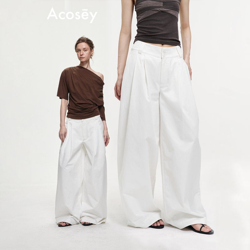 Acosey High-Waisted Wide-Leg Double-Button Pleated Trouser Legs with Button Design, Loose Casual Long Pants