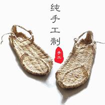 Purely hand-woven straw sandals trendy mens and womens summer lace-up sandals retro slippers Red Army national performance hemp sandals
