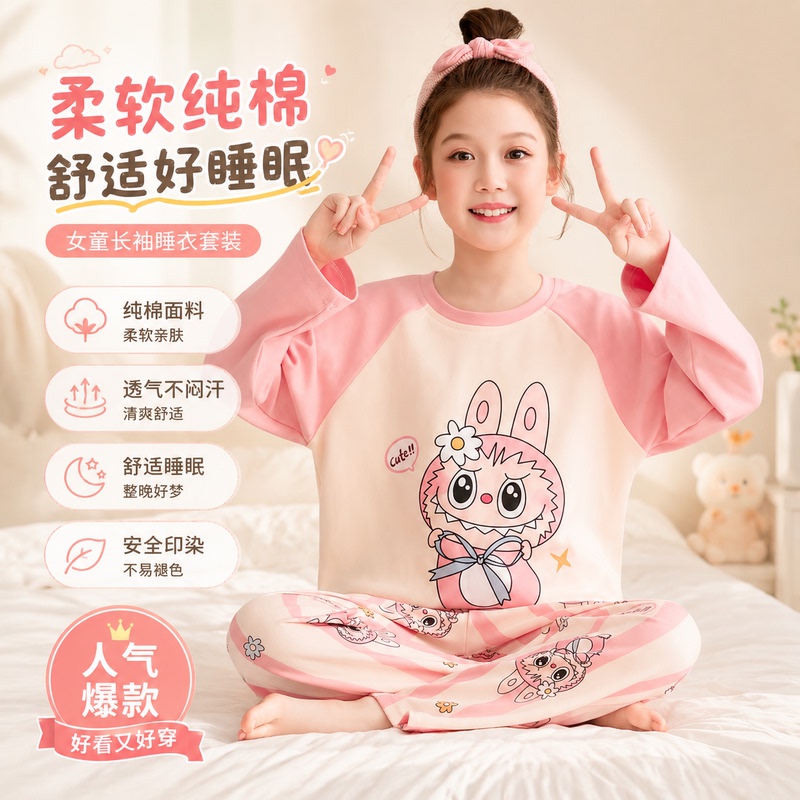 2026 New Style Girls' Pajamas Pure Cotton Long-Sleeved Spring and Autumn Children's Home Clothes for Older Girls Cartoon Thin Set 2026 New Style Girls' Pajamas Pure Cotton Long-Sleeved Spring and Autumn Children's Home Clothes for Older Girls Cartoon Thin Set