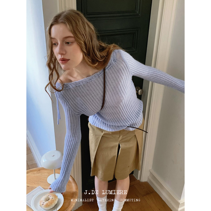 Jde Misty Translucent Light Blue Off-Shoulder Knitted Base Shirt for Women, Spring Thin Sweater, Off-Shoulder Top