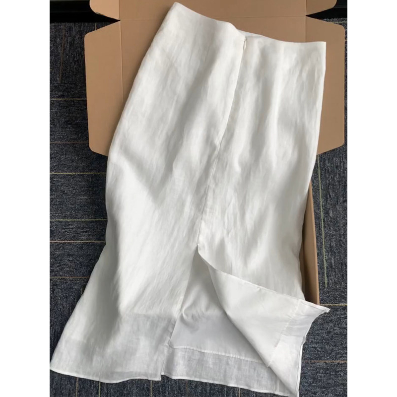 2026 New Summer Style Lazy White Linen Skirt with Long Slit, Slimming High-Waisted Cotton-Linen A-Line Skirt