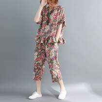 Fat sister plus size suit womens summer loose loose belly-covering fashionable age-reducing printed top cropped pants floral two-piece set