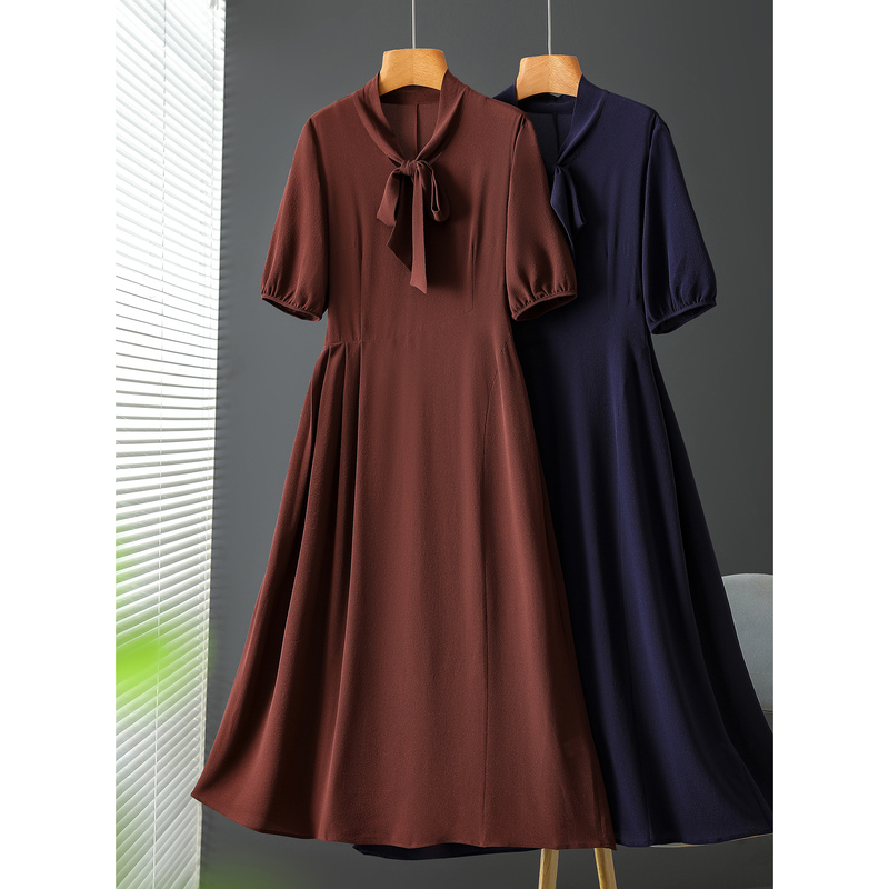Elegant Hepburn Style ~ Pure Silk Mulberry Silk Crepe Flutter Collar Solid Color Waist-Cinching Elegant Dress for Women L00323