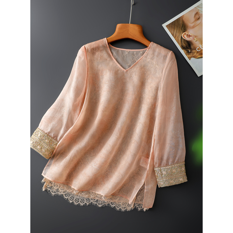 High-Quality Goods! Women's Loose Thin Top with V-Neck in Silk Organza Jacquard and Lace C00874 High-Quality Goods! Women's Loose Thin Top with V-Neck in Silk Organza Jacquard and Lace C00874