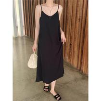 Fat sister summer 2024 new v-neck slim black vest dress loose large size suspender dress for women