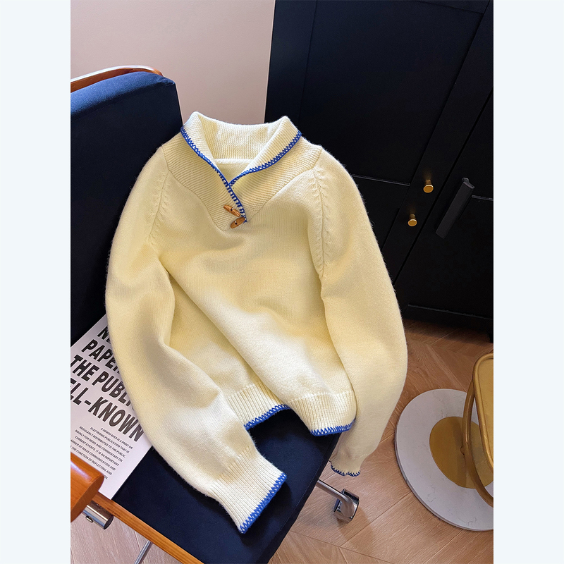 2026 New Yellow Korean Style Lazy Loose Pullover Lapel Sweater for Women, Autumn and Winter Base Layer Knit Top