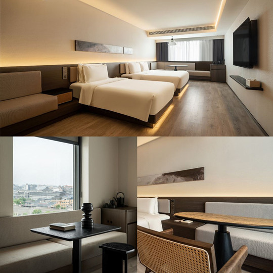 亚朵4.0酒店家具标间全套安装设计圆几床屏原木中式工厂直销简约