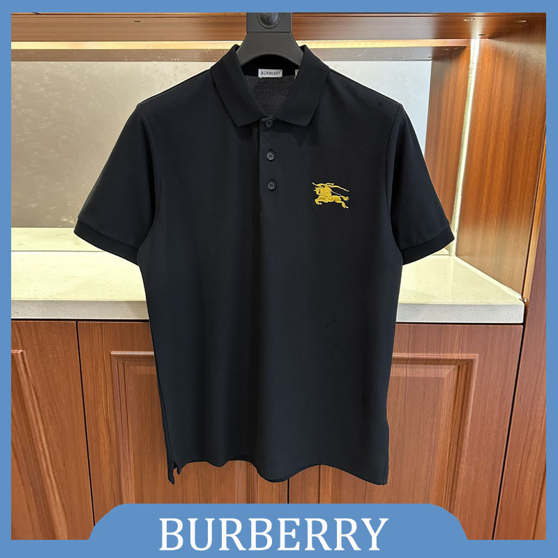 Burberry/Burberry/Barbourley Short-Sleeved Polo Shirt for Men, Horse Embroidery, Contrasting Color Lapel Top, Men's Clothing