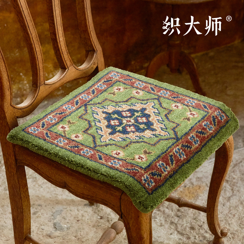 Weaving Master Chunyin Green Language Ethnic Non-Glue 100% Wool Chair Cushion Vintage Thickened Breathable Tapestry Chair Pad