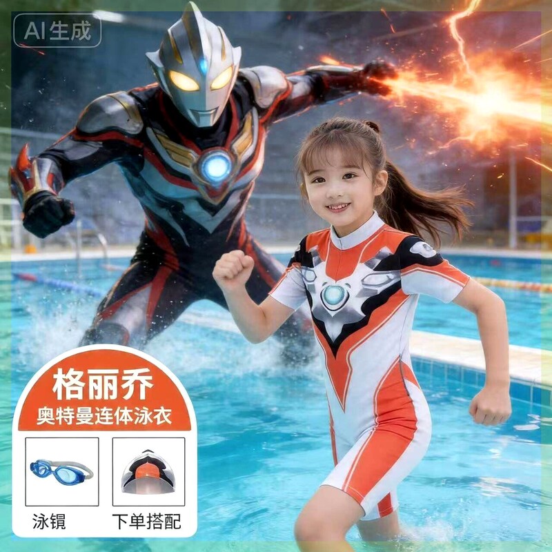 Clearance Summer Children's Swimwear Ultraman Ultraman Swimming Suit for Girls, Zello One-Piece Swimsuit, Medium and Large Children's Two-Piece Swimsuit