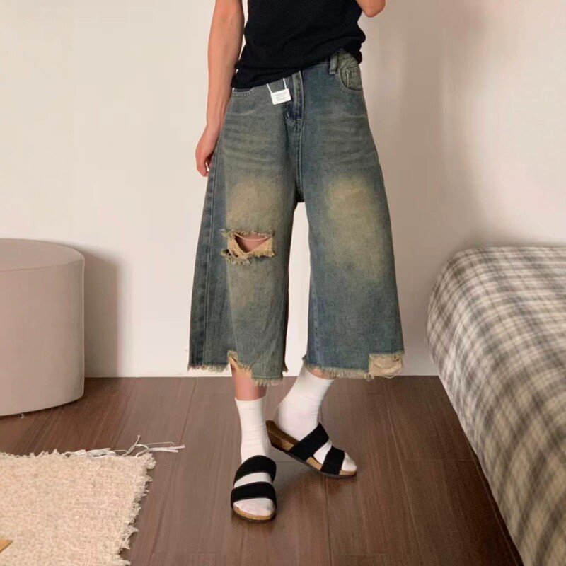 American-Style High Street Ripped Cropped Jeans for Women, Summer Slim-Fit Loose Fit for Pear-Shaped Body, High-Waisted Frayed Wide-Leg Shorts
